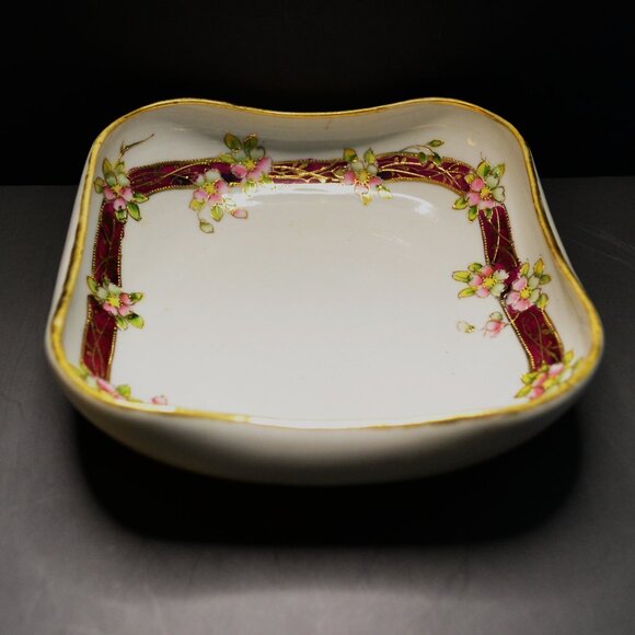 Antique Hand-Painted Nippon Square Dish Floral Ribbon Border Gold Trim Japan - Picture 2 of 7